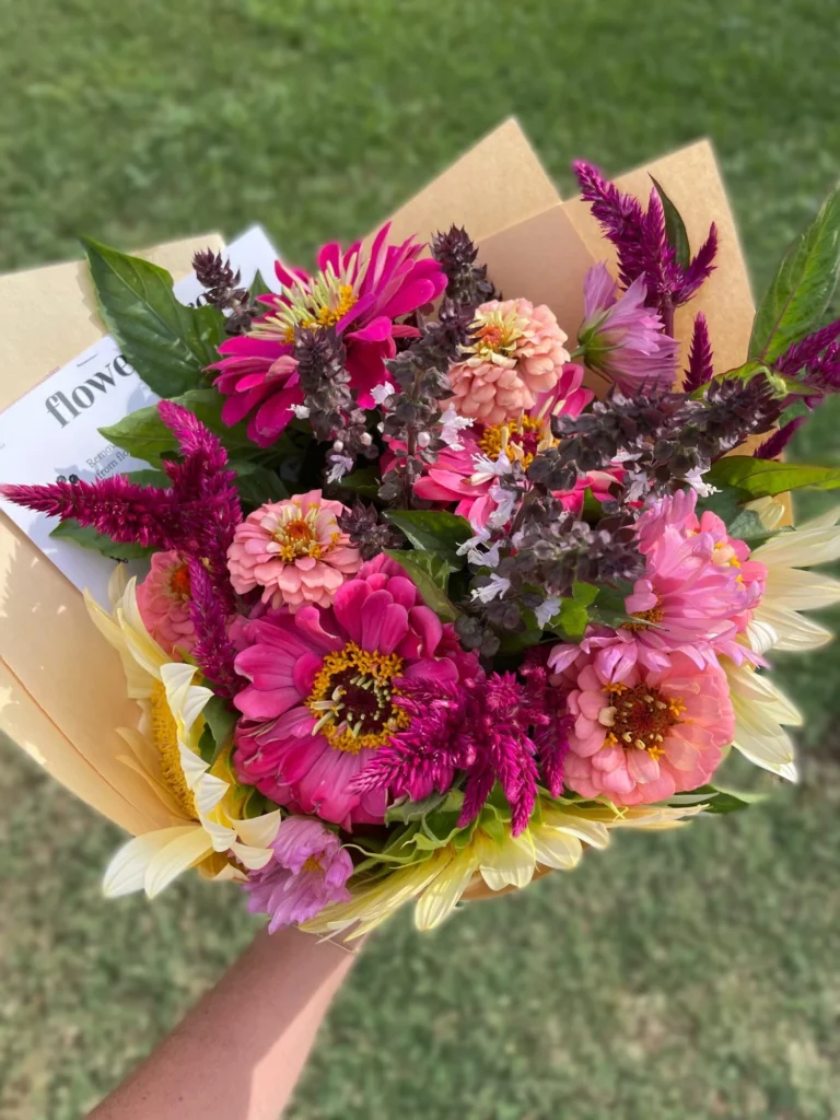 A vivid hand-tied mix of zinnias, cosmos, celosia and sunflowers