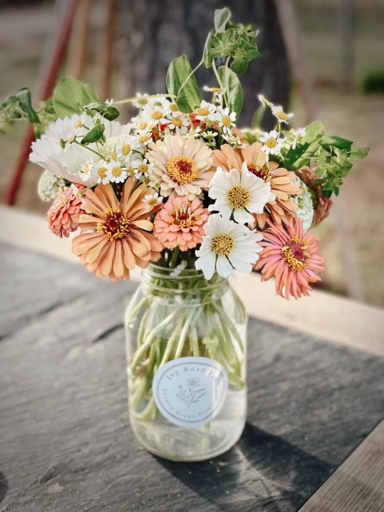 Mixed flower bouquet in a mason jar from Ivy Road Farm, Abilene TX